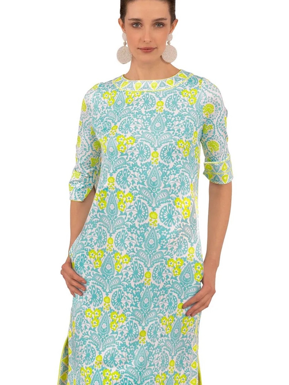 Gretchen Scott East India Print Shift Dress XS Blue Green Pockets Resort